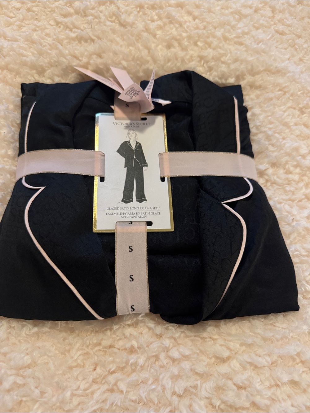 Victoria's Secret Black Satin Pajama Set with Light Pink Trim